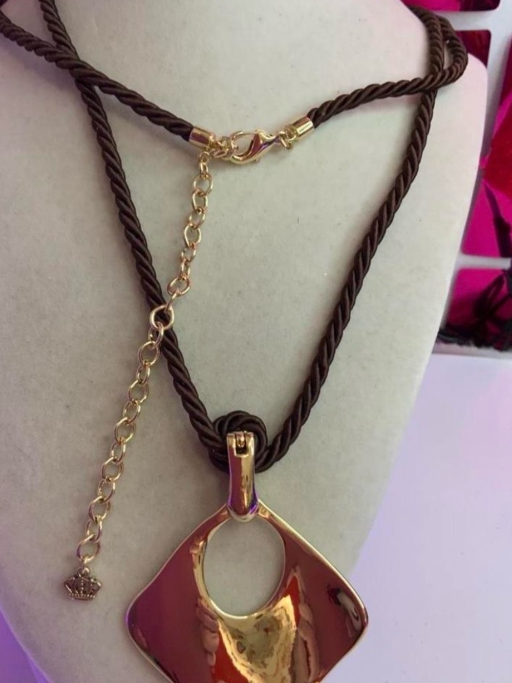 Premier Designs Gold-Tone Pendant Necklace with Brown Cord (Y-26)